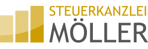 Logo mit gelbem Balken links, „STEUERKANZLEI“ in Gelb darüber, „MÖLLER“ in Grau darunter, moderner, klarer Schriftstil.